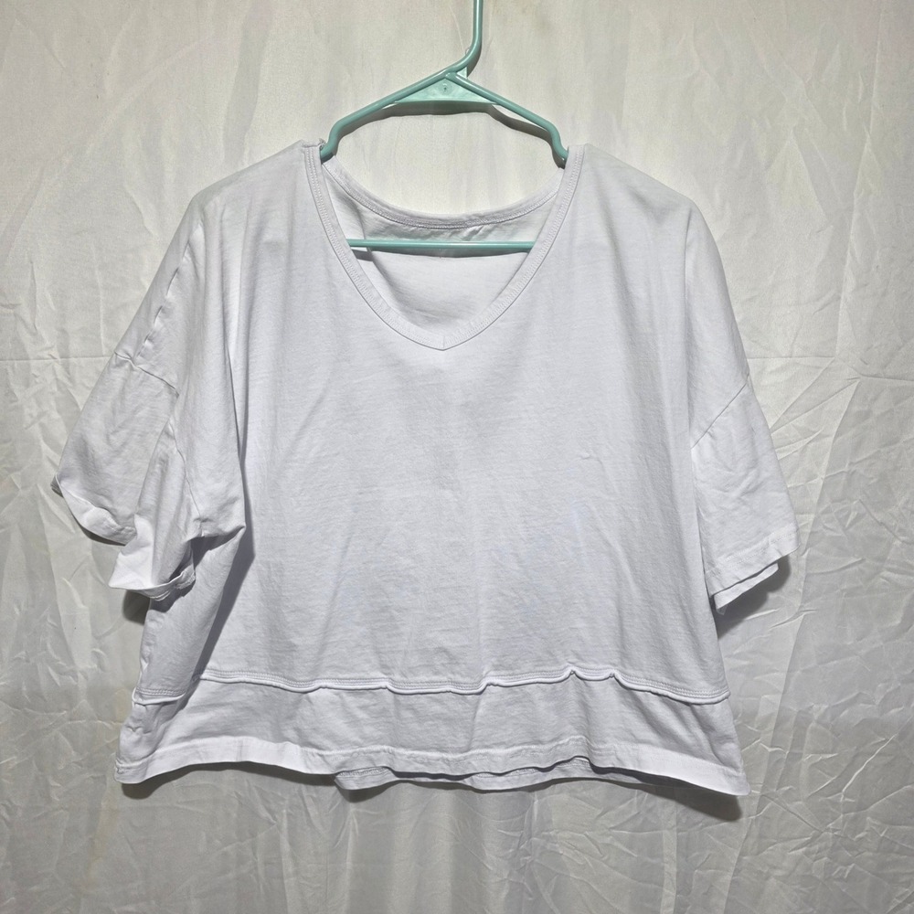 White V-Neck Cropped T-Shirt 100% Cotton Boxy Short Sleeve Tee XL